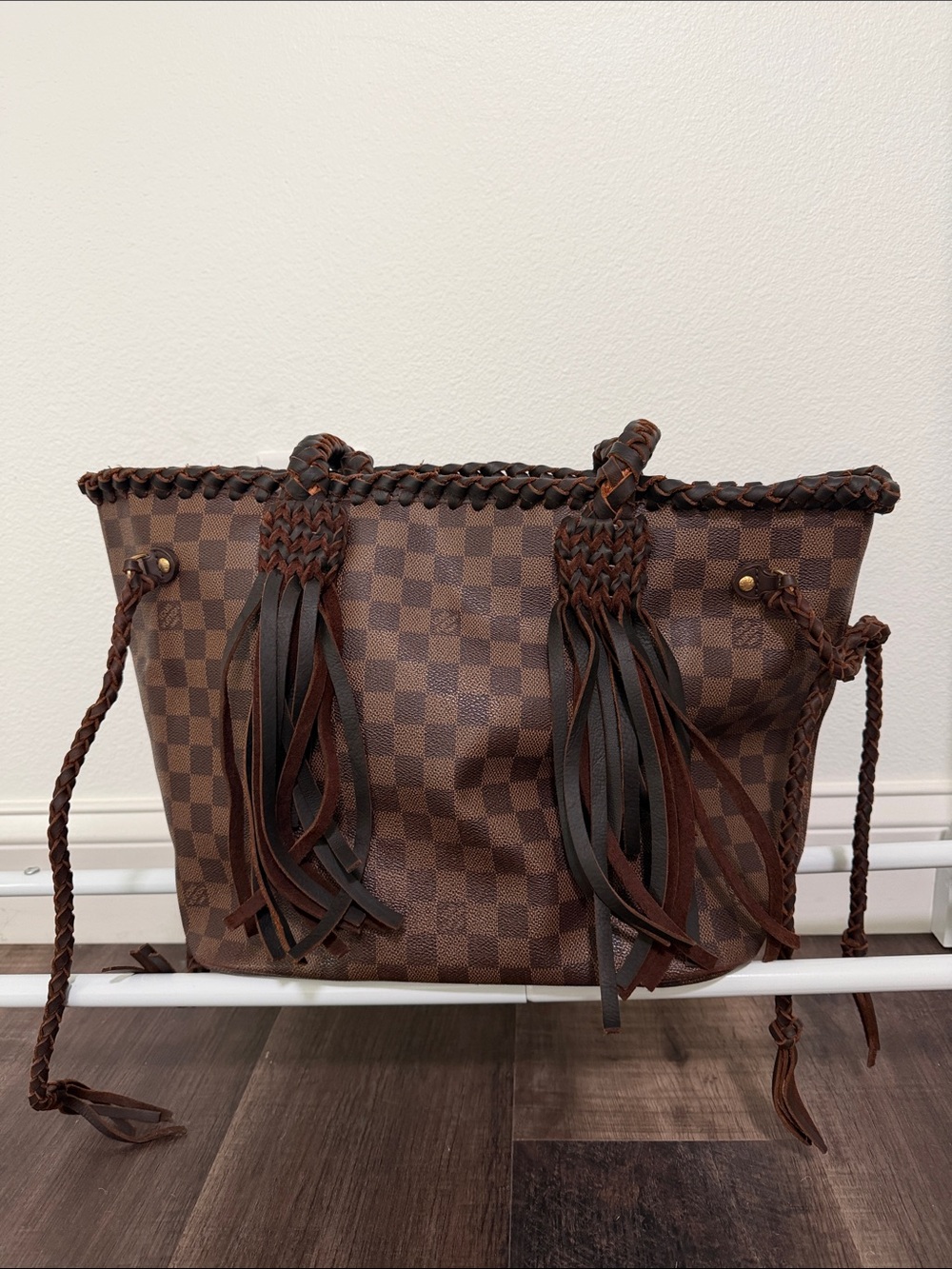 LV Tassel Check-Pattern Tote Bag in Brown